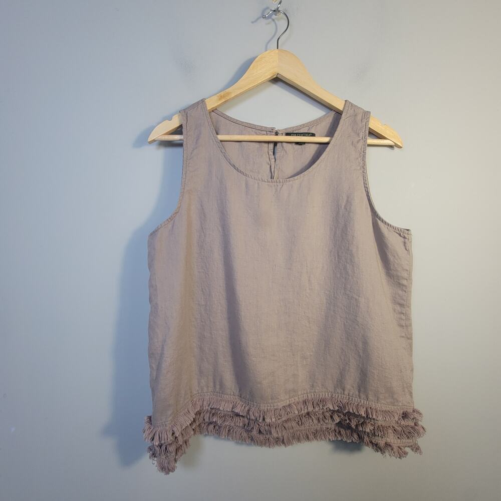 For Cynthia L Petite Sleeveless Fringe Linen Tank Top Taupe
